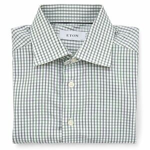 Eton grey green Gingham Dress Shirt 16.5 Slim Fit Cotton Luxury Check